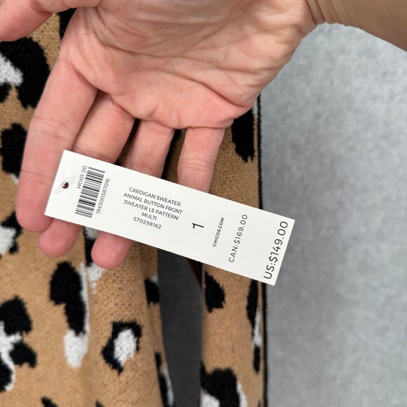 Chicos Long Line Knit Cardigan Sweater Size 1/M Animal Print Hood Cozy NEW - Picture 3 of 14